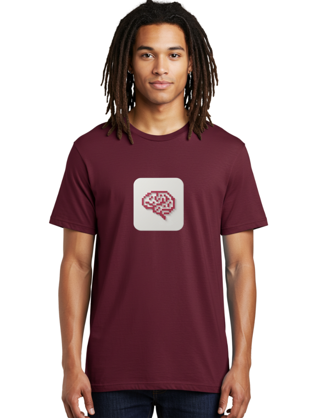 Pixel-Brain Men'S Graphic Tee, 100% Cotton, Comfortable Casual Summer Wear, Machine Washable, Pixel Art Brain, Red Outline, White Background, Rounded Square, Digital Art, Cognitive Icon, Pixelated Design, Brain Illustration, Tech-Inspired Art Bab199