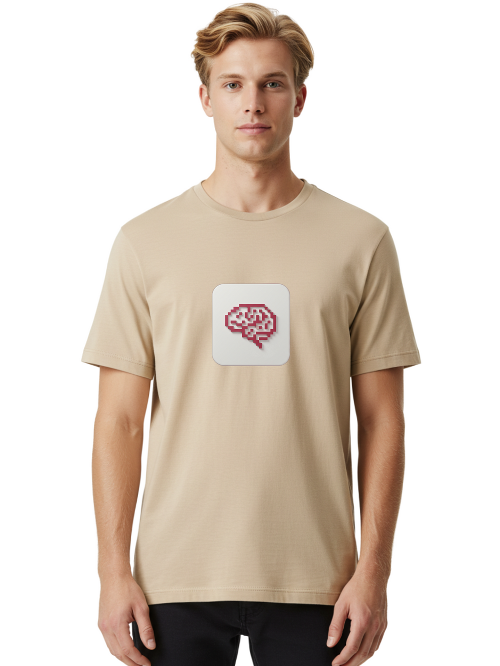 Pixel-Brain Men'S Graphic Tee, 100% Cotton, Comfortable Casual Summer Wear, Machine Washable, Pixel Art Brain, Red Outline, White Background, Rounded Square, Digital Art, Cognitive Icon, Pixelated Design, Brain Illustration, Tech-Inspired Art Bab199