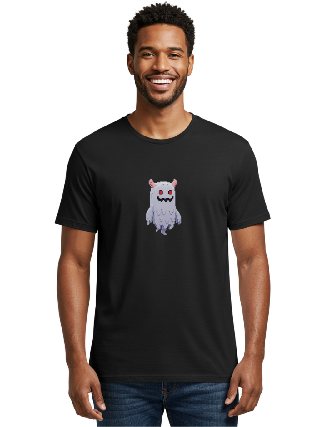 Pixel-Monster Men'S Graphic Tee, 100% Cotton, Comfortable Casual Summer Wear, Machine Washable, Pixel Art Character, Cute Monster, Red Eyes, Black Smile, Pink Horns, Furry Creature, Cartoonish, Fun Design, Playful Graphics, Retro Gaming, Bab200