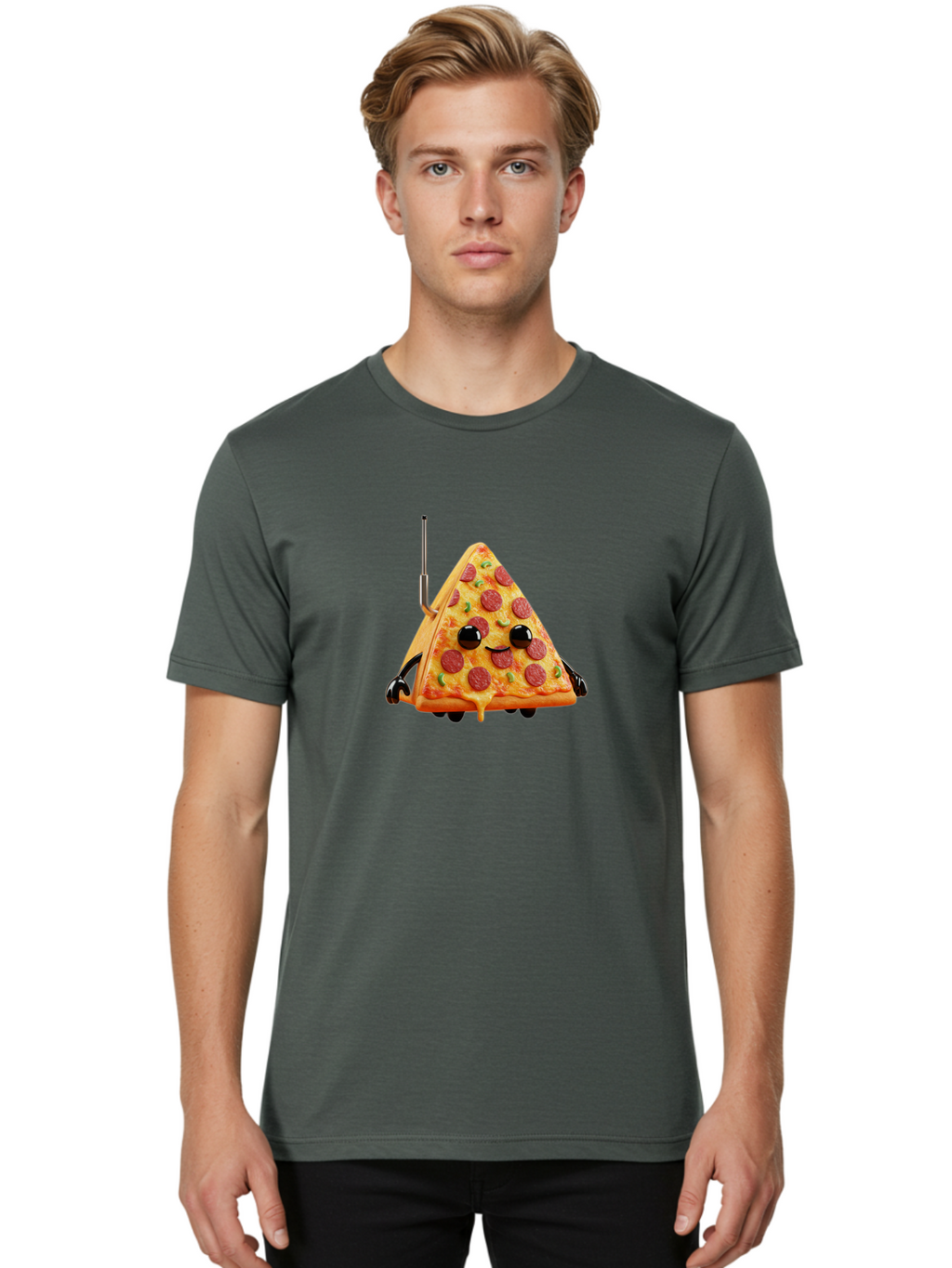 Pizza-Slice-Robot Men'S Graphic Tee, 100% Cotton, Comfortable Casual Summer Wear, Machine Washable, Pepperoni Pizza Slice, Cartoon Character, Robot Arms, Green Herbs, Melted Cheese, Foodie Fun, Animated Food, Robot Pizza Bab205
