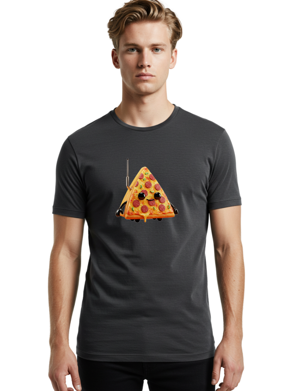 Pizza-Slice-Robot Men'S Graphic Tee, 100% Cotton, Comfortable Casual Summer Wear, Machine Washable, Pepperoni Pizza Slice, Cartoon Character, Robot Arms, Green Herbs, Melted Cheese, Foodie Fun, Animated Food, Robot Pizza Bab205