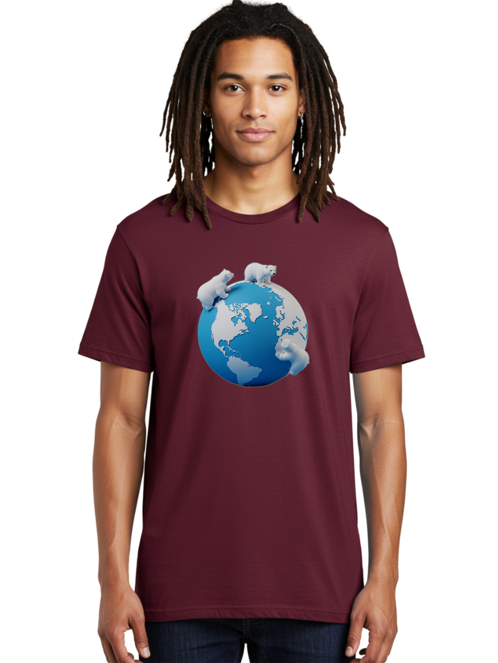 Polar-Bears-On-Globe Men'S Graphic Tee, 100% Cotton, Comfortable Casual Summer Wear, Machine Washable, Polar Bears On Globe, Global Unity, World Map, Wildlife Conservation, Environmental Awareness, Polar Bear Protection, Eco-Friendly, Bab210
