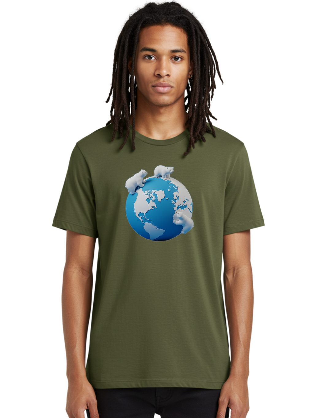 Polar-Bears-On-Globe Men'S Graphic Tee, 100% Cotton, Comfortable Casual Summer Wear, Machine Washable, Polar Bears On Globe, Global Unity, World Map, Wildlife Conservation, Environmental Awareness, Polar Bear Protection, Eco-Friendly, Bab210