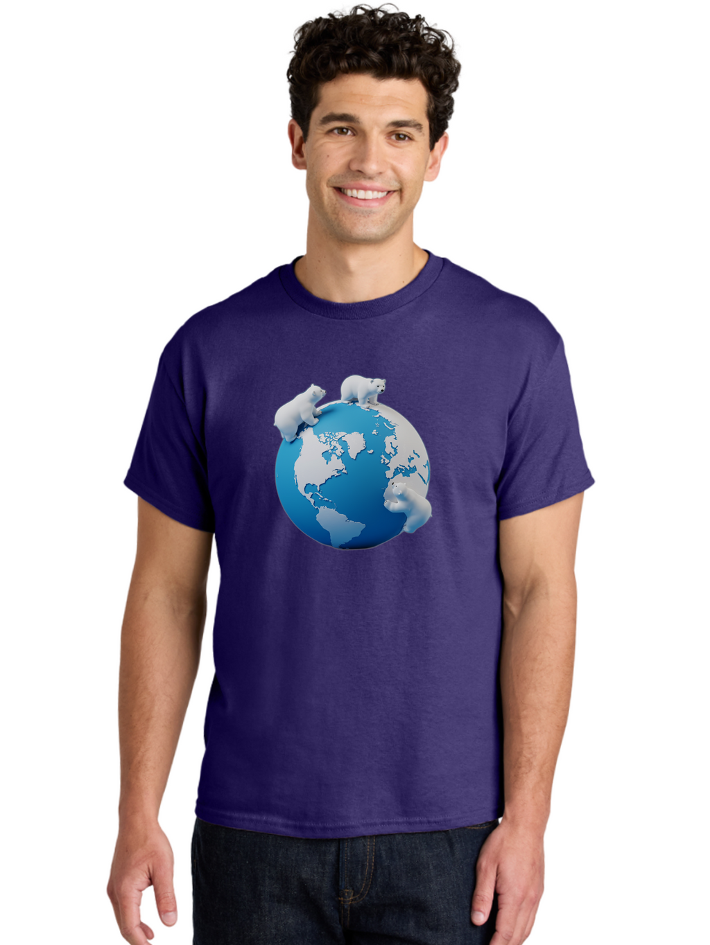 Polar-Bears-On-Globe Men'S Graphic Tee, 100% Cotton, Comfortable Casual Summer Wear, Machine Washable, Polar Bears On Globe, Global Unity, World Map, Wildlife Conservation, Environmental Awareness, Polar Bear Protection, Eco-Friendly, Bab210