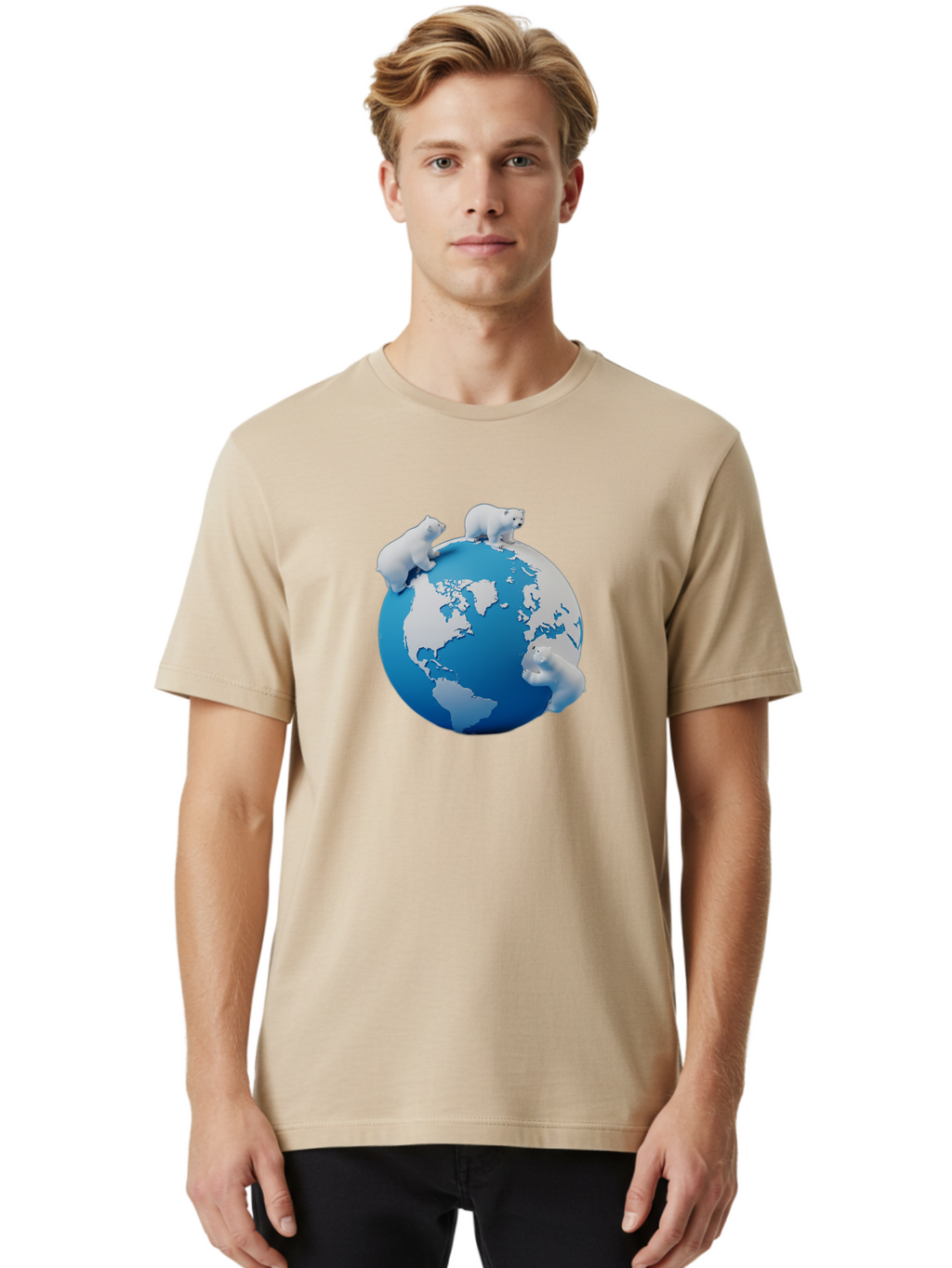 Polar-Bears-On-Globe Men'S Graphic Tee, 100% Cotton, Comfortable Casual Summer Wear, Machine Washable, Polar Bears On Globe, Global Unity, World Map, Wildlife Conservation, Environmental Awareness, Polar Bear Protection, Eco-Friendly, Bab210
