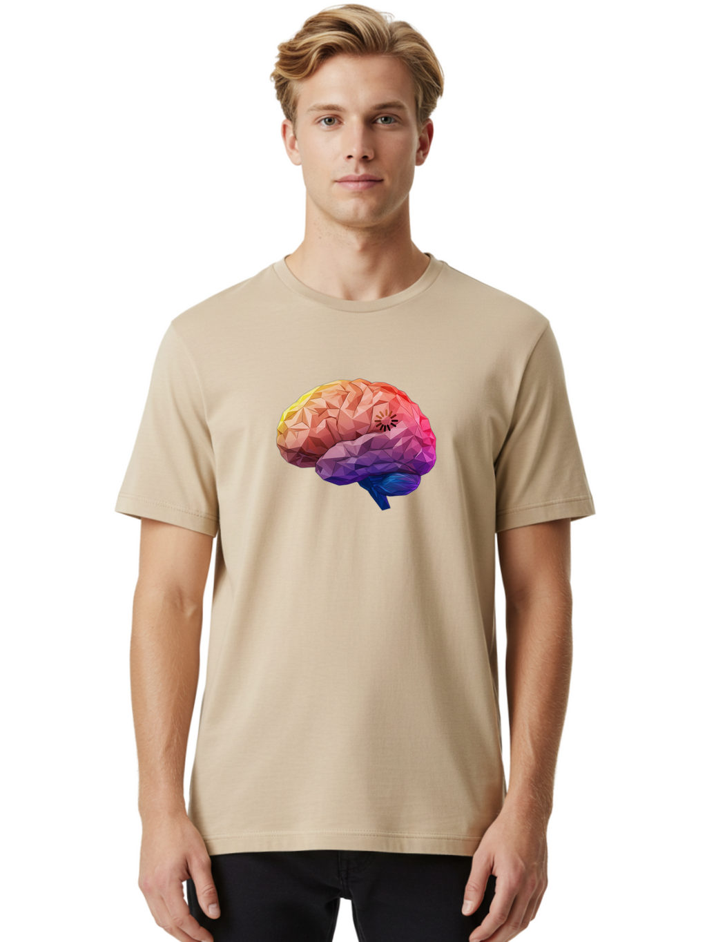 Polygonal-Brain Men'S Graphic Tee, 100% Cotton, Comfortable Casual Summer Wear, Machine Washable, Low Poly Brain, Colorful Brain, 3D Brain Model, Geometric Art, Brain Illustration, Neuroscience, Cognitive Function, Mental Health Awareness, Bab211