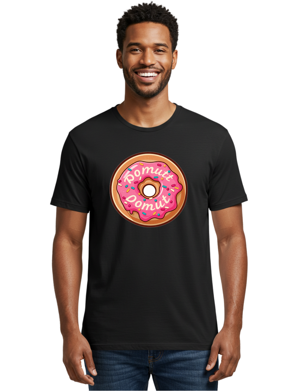 Pomutt-Pomutt-Donut Men'S Graphic Tee, 100% Cotton, Comfortable Casual Summer Wear, Machine Washable, Pink Frosted Donut, Donut With Sprinkles, Sweet Treat, Tasty Dessert, Colorful Donut, Pomutt Pomutt, Donut Illustration, Donut Art Bab212