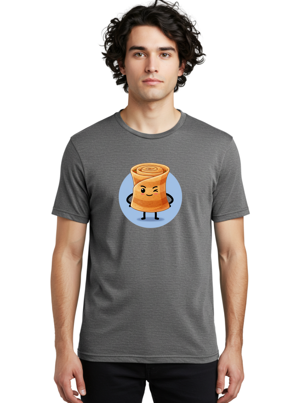 Popiah Men'S Graphic Tee, 100% Cotton, Comfortable Casual Summer Wear, Machine Washable, Cartoon Cinnamon Roll, Smiling Face, Winking, Cute Pastry, Baked Goods, Sweet Treats, Delicious Dessert, Kawaii Character, Adorable Illustration Bab213