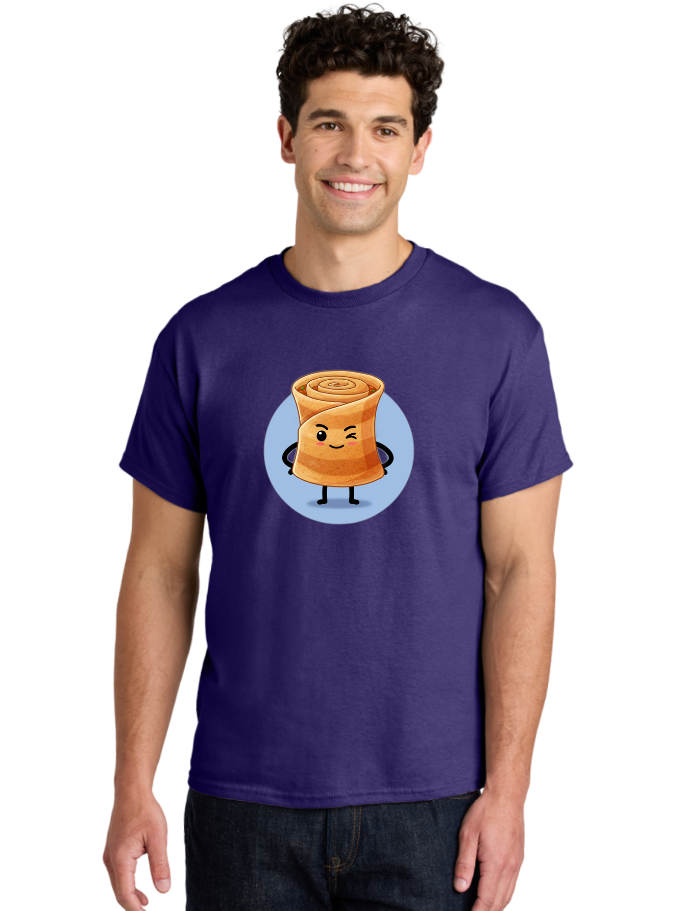 Popiah Men'S Graphic Tee, 100% Cotton, Comfortable Casual Summer Wear, Machine Washable, Cartoon Cinnamon Roll, Smiling Face, Winking, Cute Pastry, Baked Goods, Sweet Treats, Delicious Dessert, Kawaii Character, Adorable Illustration Bab213