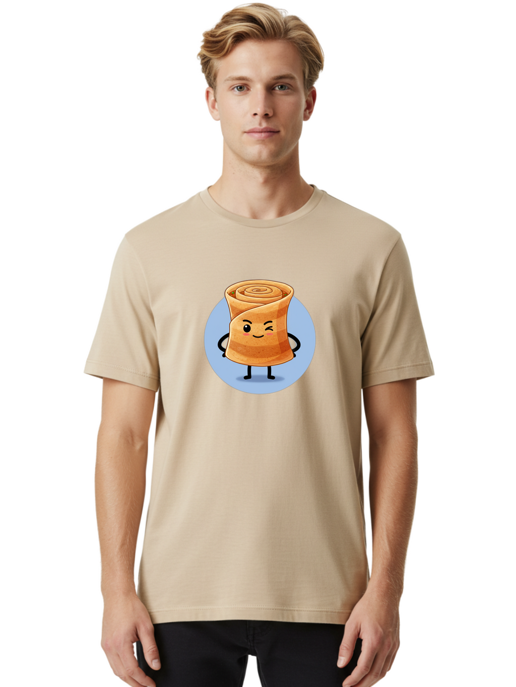 Popiah Men'S Graphic Tee, 100% Cotton, Comfortable Casual Summer Wear, Machine Washable, Cartoon Cinnamon Roll, Smiling Face, Winking, Cute Pastry, Baked Goods, Sweet Treats, Delicious Dessert, Kawaii Character, Adorable Illustration Bab213