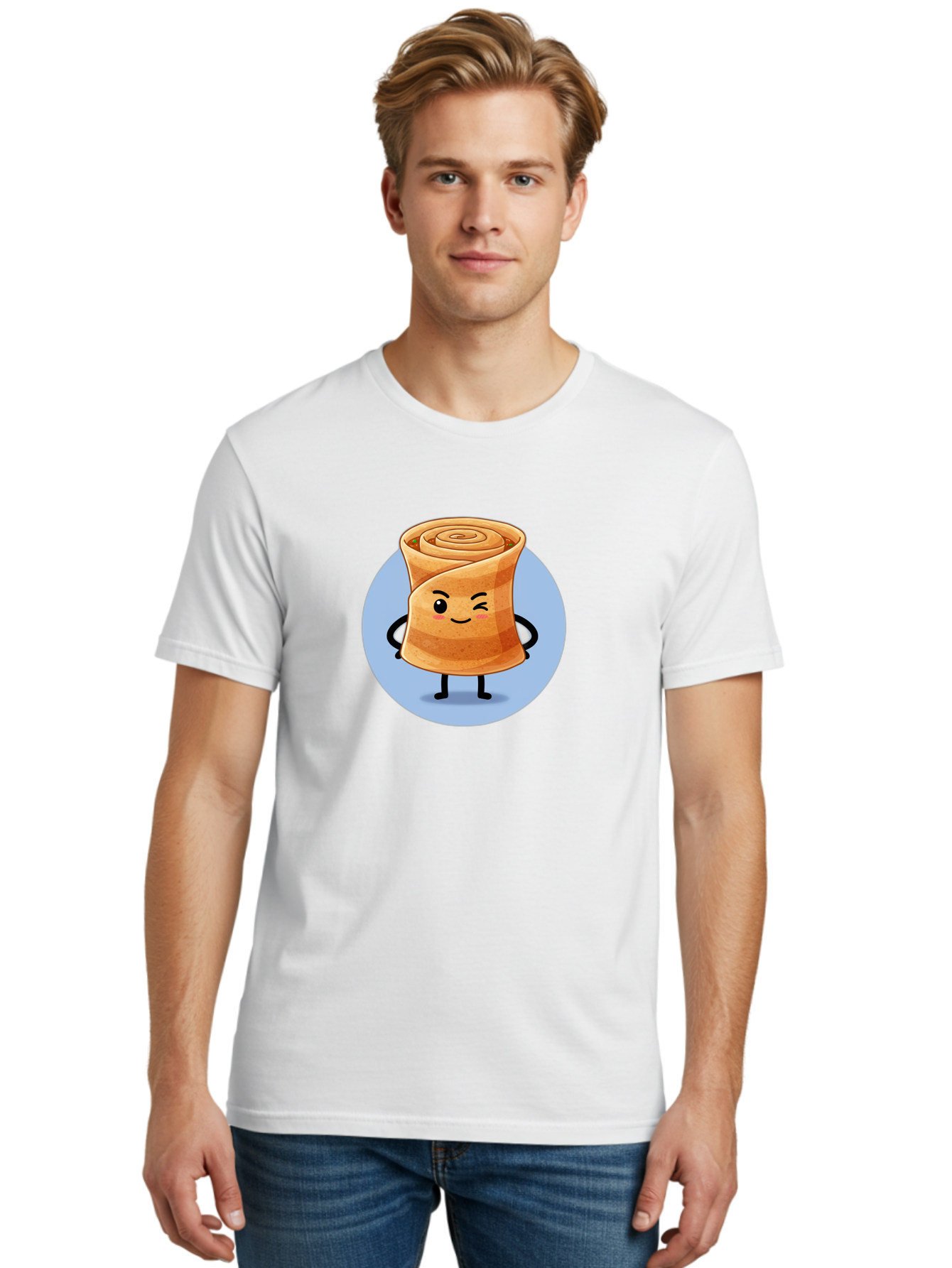 Popiah Men'S Graphic Tee, 100% Cotton, Comfortable Casual Summer Wear, Machine Washable, Cartoon Cinnamon Roll, Smiling Face, Winking, Cute Pastry, Baked Goods, Sweet Treats, Delicious Dessert, Kawaii Character, Adorable Illustration Bab213