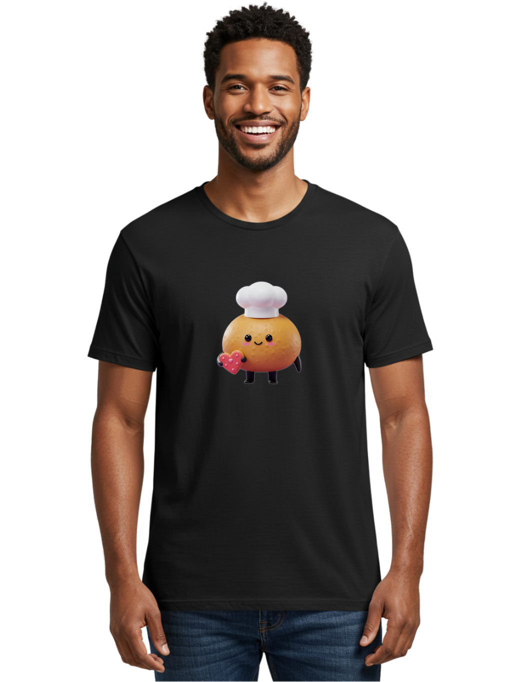 Potato-Chef-1 Men'S Graphic Tee, 100% Cotton, Comfortable Casual Summer Wear, Machine Washable, Cartoon Potato, Chef Hat, Heart-Shaped Cookie, Cute Character, Baking Theme, Kawaii Style, Sweet Treats, Adorable Design, Cookie Love, Bab214