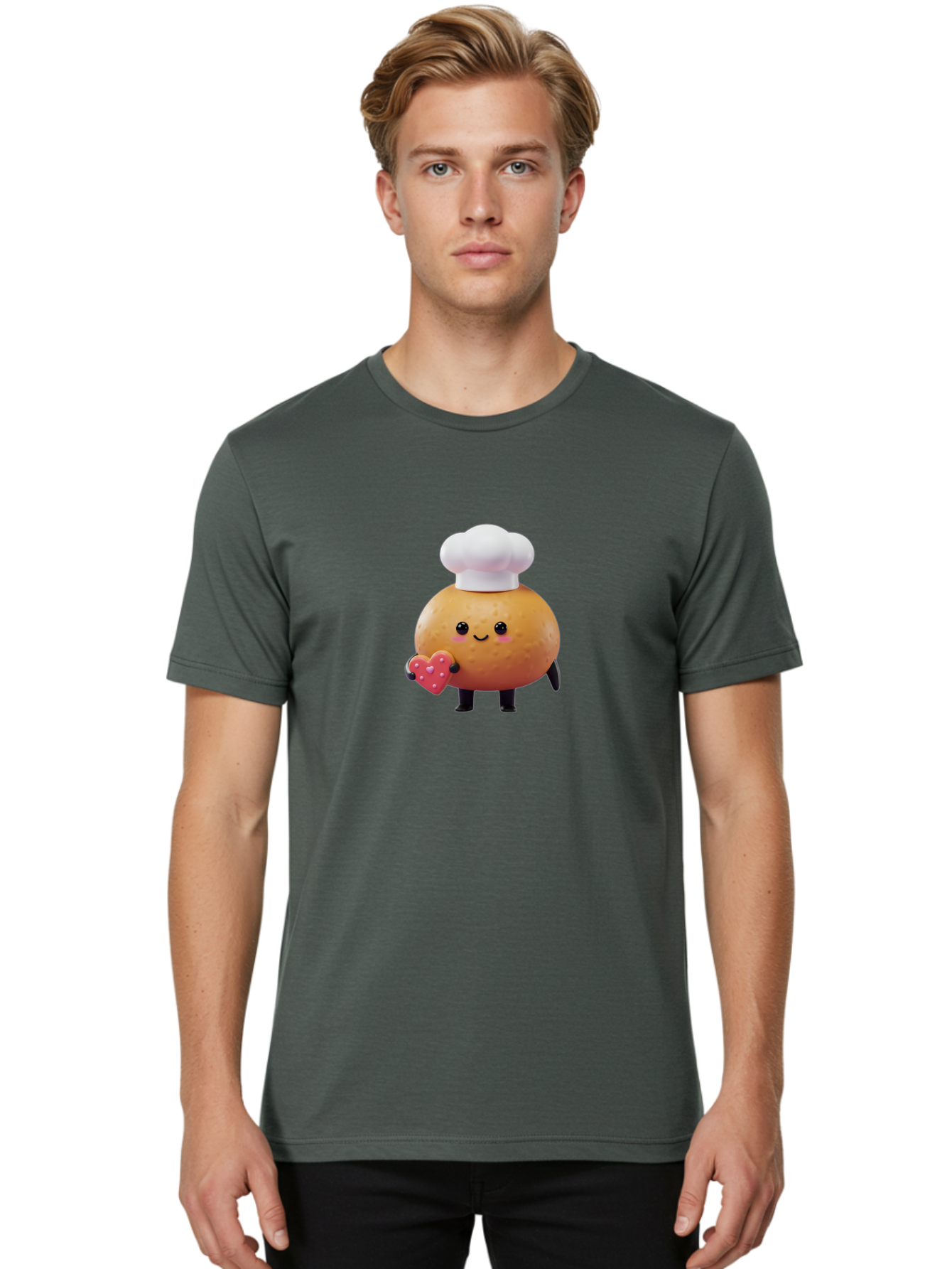 Potato-Chef-1 Men'S Graphic Tee, 100% Cotton, Comfortable Casual Summer Wear, Machine Washable, Cartoon Potato, Chef Hat, Heart-Shaped Cookie, Cute Character, Baking Theme, Kawaii Style, Sweet Treats, Adorable Design, Cookie Love, Bab214