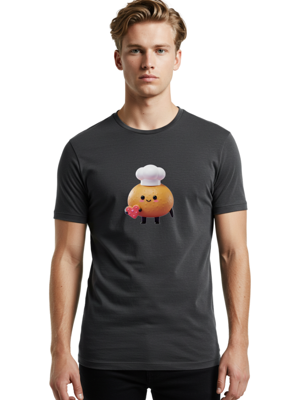 Potato-Chef-1 Men'S Graphic Tee, 100% Cotton, Comfortable Casual Summer Wear, Machine Washable, Cartoon Potato, Chef Hat, Heart-Shaped Cookie, Cute Character, Baking Theme, Kawaii Style, Sweet Treats, Adorable Design, Cookie Love, Bab214
