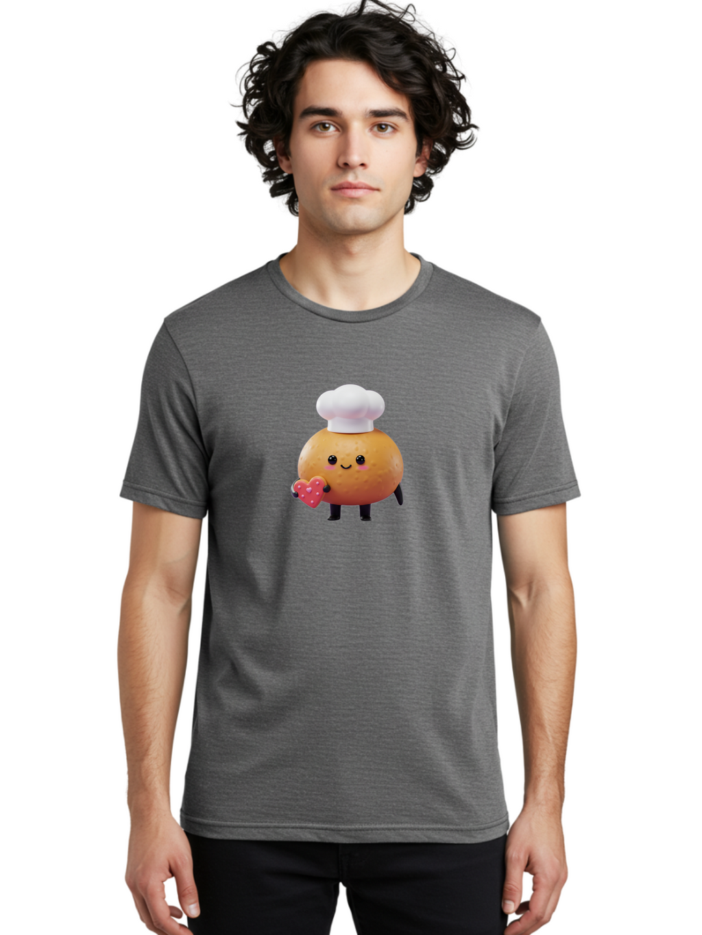 Potato-Chef-1 Men'S Graphic Tee, 100% Cotton, Comfortable Casual Summer Wear, Machine Washable, Cartoon Potato, Chef Hat, Heart-Shaped Cookie, Cute Character, Baking Theme, Kawaii Style, Sweet Treats, Adorable Design, Cookie Love, Bab214