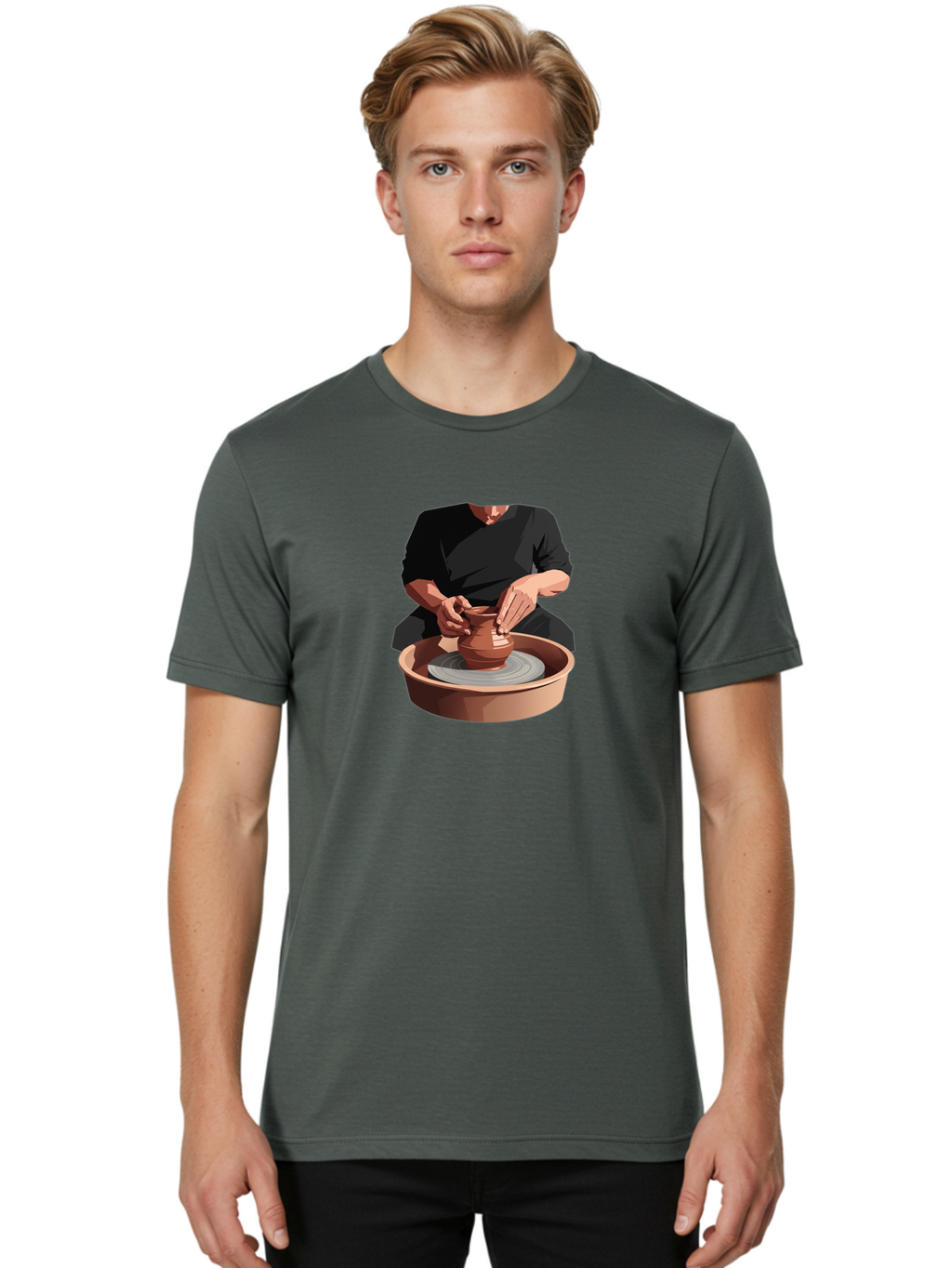Potter-At-Work-1 Men'S Graphic Tee, 100% Cotton, Comfortable Casual Summer Wear, Machine Washable, Potter Shaping Clay Pot, Pottery Wheel In Action, Pottery Making Process, Hands-On Craftsmanship, Clay Vessel Creation, Artistic Expression, Bab219