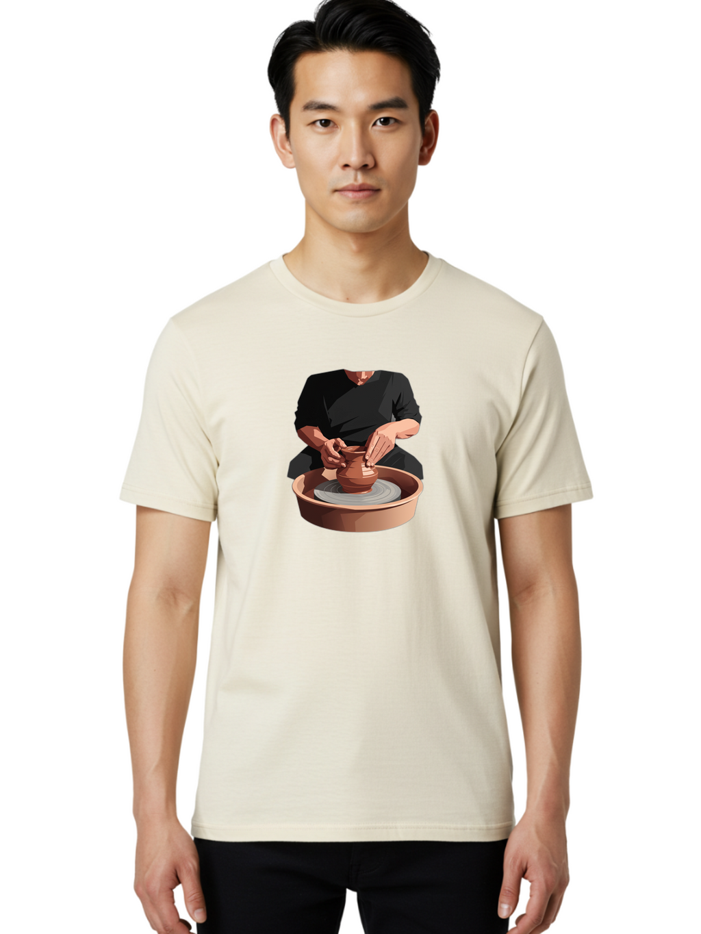 Potter-At-Work-1 Men'S Graphic Tee, 100% Cotton, Comfortable Casual Summer Wear, Machine Washable, Potter Shaping Clay Pot, Pottery Wheel In Action, Pottery Making Process, Hands-On Craftsmanship, Clay Vessel Creation, Artistic Expression, Bab219