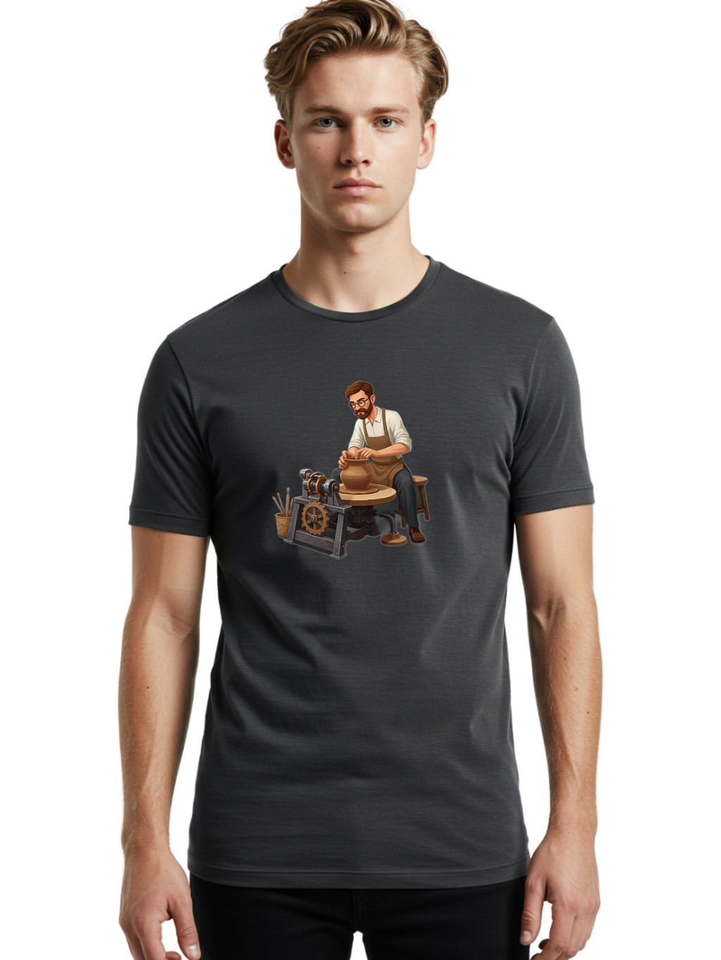 Potter-At-Work-10 Men'S Graphic Tee, 100% Cotton, Comfortable Casual Summer Wear, Machine Washable, Potter Creating Ceramics, Pottery Wheel In Action, Clay Vessel Being Shaped, Artisan At Work, Creative Process, Skilled Craftsmanship, Bab220