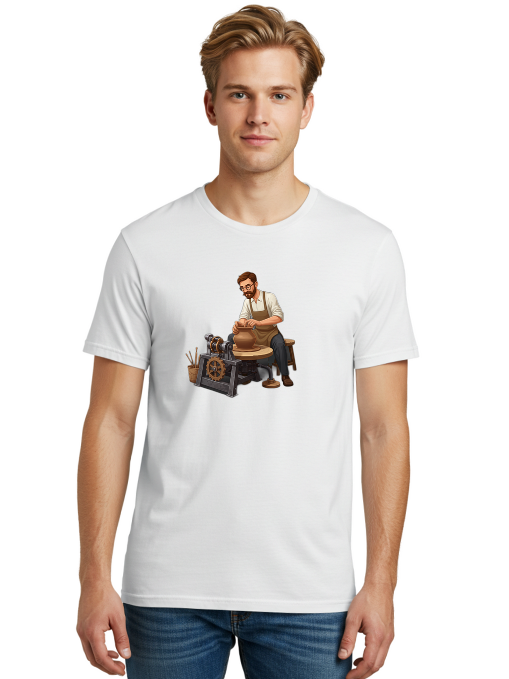 Potter-At-Work-10 Men'S Graphic Tee, 100% Cotton, Comfortable Casual Summer Wear, Machine Washable, Potter Creating Ceramics, Pottery Wheel In Action, Clay Vessel Being Shaped, Artisan At Work, Creative Process, Skilled Craftsmanship, Bab220