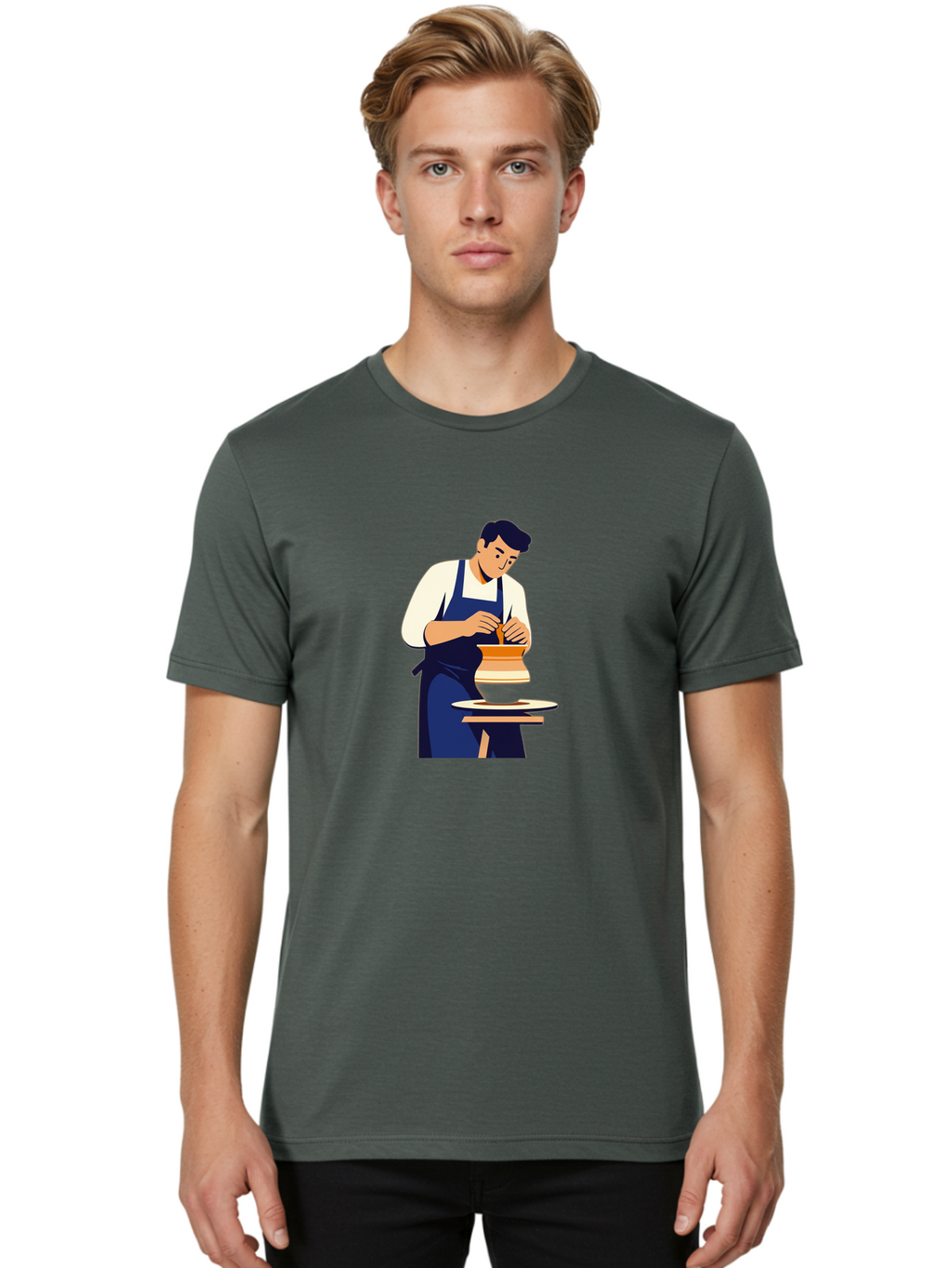 Potter-At-Work-3 Men'S Graphic Tee, 100% Cotton, Comfortable Casual Summer Wear, Machine Washable, Potter Shaping Clay, Pottery Wheel, Ceramic Art, Handmade Crafts, Skilled Artisan, Creative Process, Clay Modeling, Pottery Making Bab222