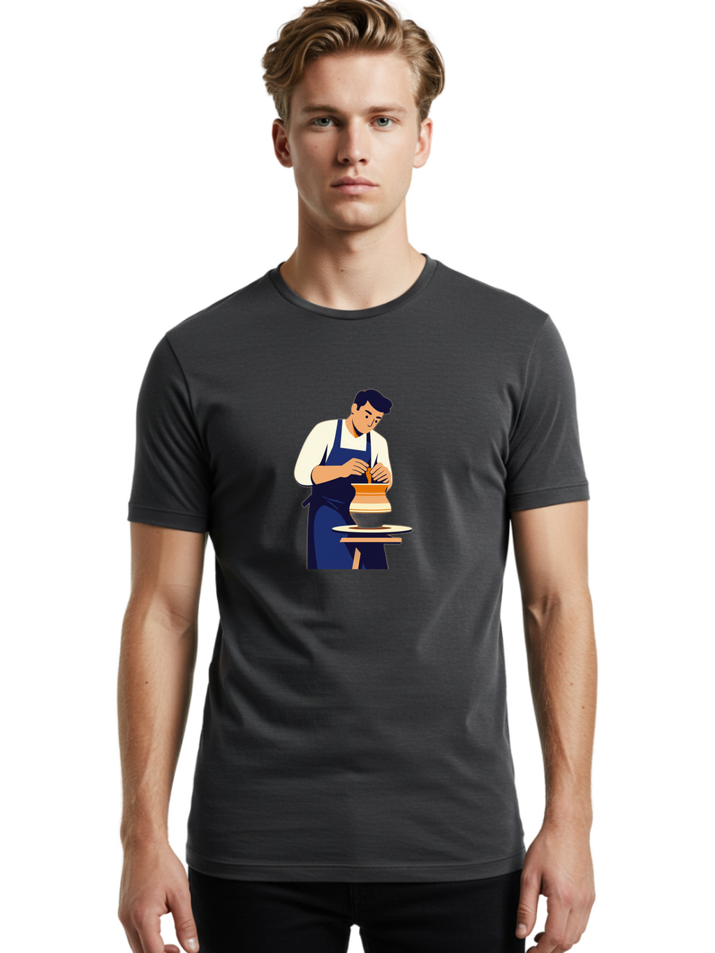 Potter-At-Work-3 Men'S Graphic Tee, 100% Cotton, Comfortable Casual Summer Wear, Machine Washable, Potter Shaping Clay, Pottery Wheel, Ceramic Art, Handmade Crafts, Skilled Artisan, Creative Process, Clay Modeling, Pottery Making Bab222