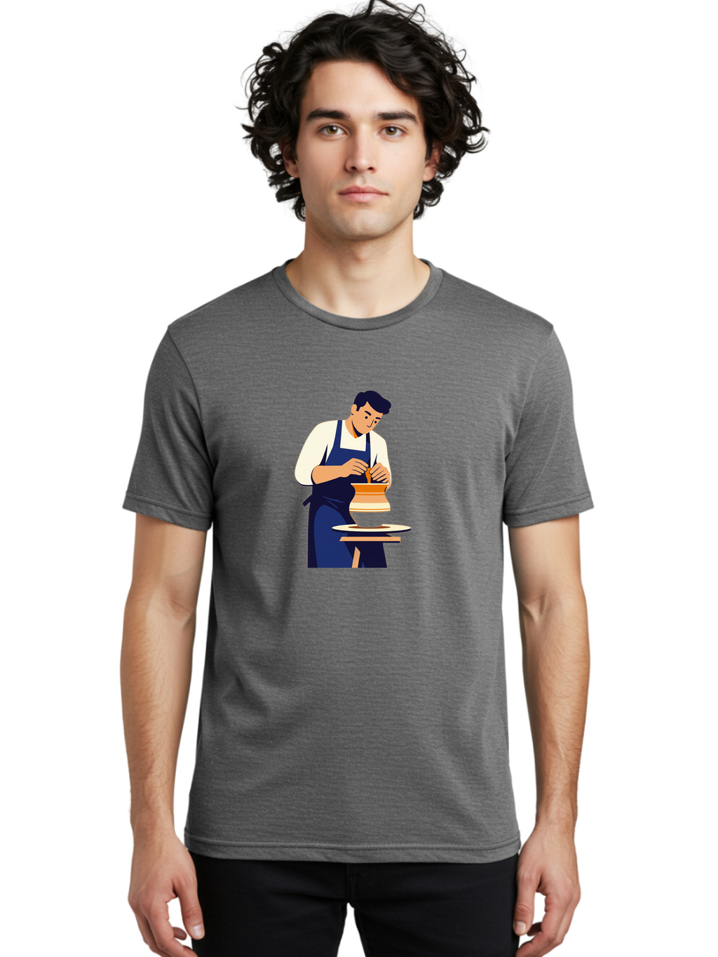 Potter-At-Work-3 Men'S Graphic Tee, 100% Cotton, Comfortable Casual Summer Wear, Machine Washable, Potter Shaping Clay, Pottery Wheel, Ceramic Art, Handmade Crafts, Skilled Artisan, Creative Process, Clay Modeling, Pottery Making Bab222