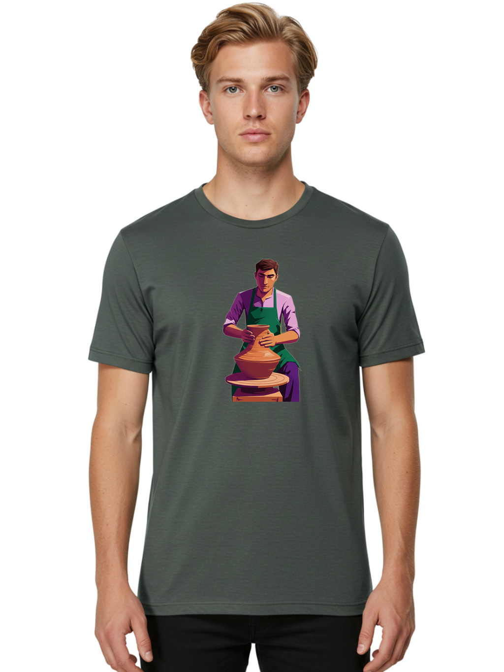 Potter-At-Work-5 Men'S Graphic Tee, 100% Cotton, Comfortable Casual Summer Wear, Machine Washable, Potter Shaping Clay, Handmade Pottery, Ceramic Art, Potter'S Wheel, Craftsmanship, Artisan Skills, Creative Process, Clay Modeling, Bab224