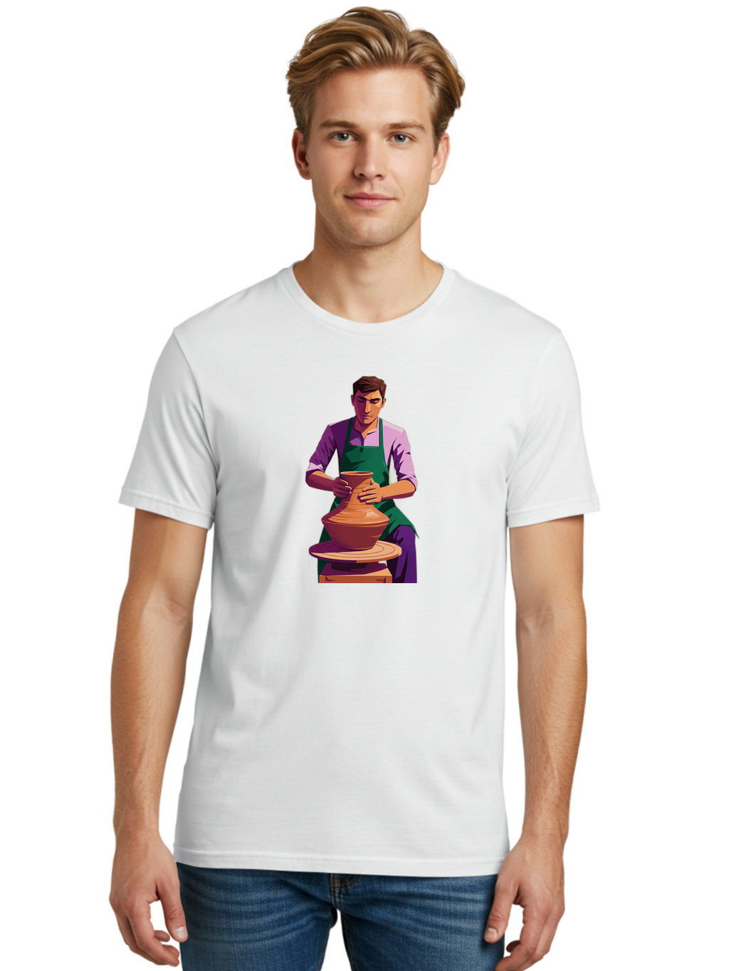Potter-At-Work-5 Men'S Graphic Tee, 100% Cotton, Comfortable Casual Summer Wear, Machine Washable, Potter Shaping Clay, Handmade Pottery, Ceramic Art, Potter'S Wheel, Craftsmanship, Artisan Skills, Creative Process, Clay Modeling, Bab224