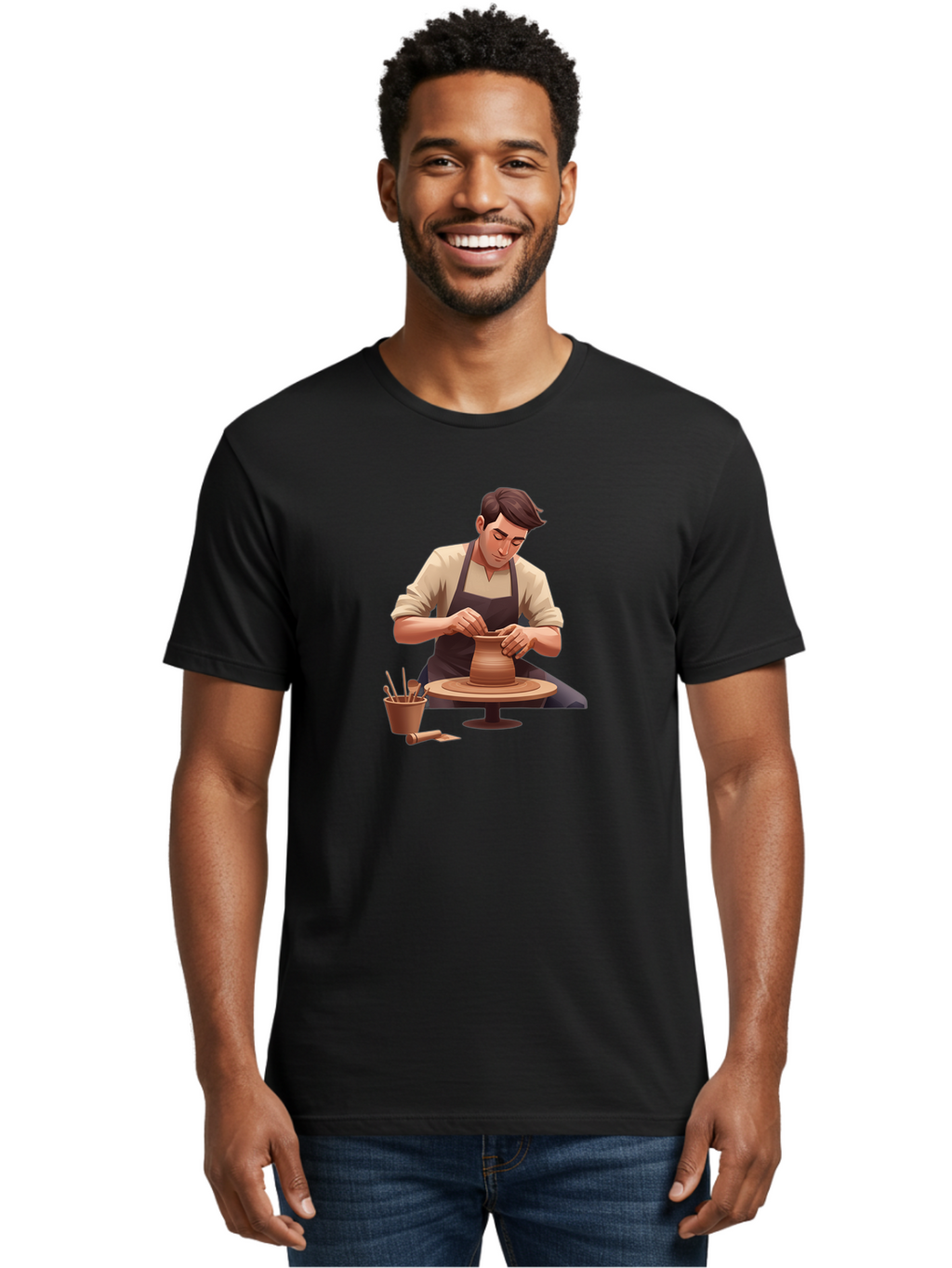 Potter-At-Work Men'S Graphic Tee, 100% Cotton, Comfortable Casual Summer Wear, Machine Washable, Potter Shaping Clay, Pottery Wheel, Creative Process, Craftsmanship, Handmade Ceramics, Artisanal Pottery, Clay Modeling, Pottery Tools Bab229