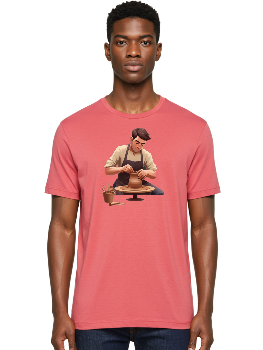 Potter-At-Work Men'S Graphic Tee, 100% Cotton, Comfortable Casual Summer Wear, Machine Washable, Potter Shaping Clay, Pottery Wheel, Creative Process, Craftsmanship, Handmade Ceramics, Artisanal Pottery, Clay Modeling, Pottery Tools Bab229