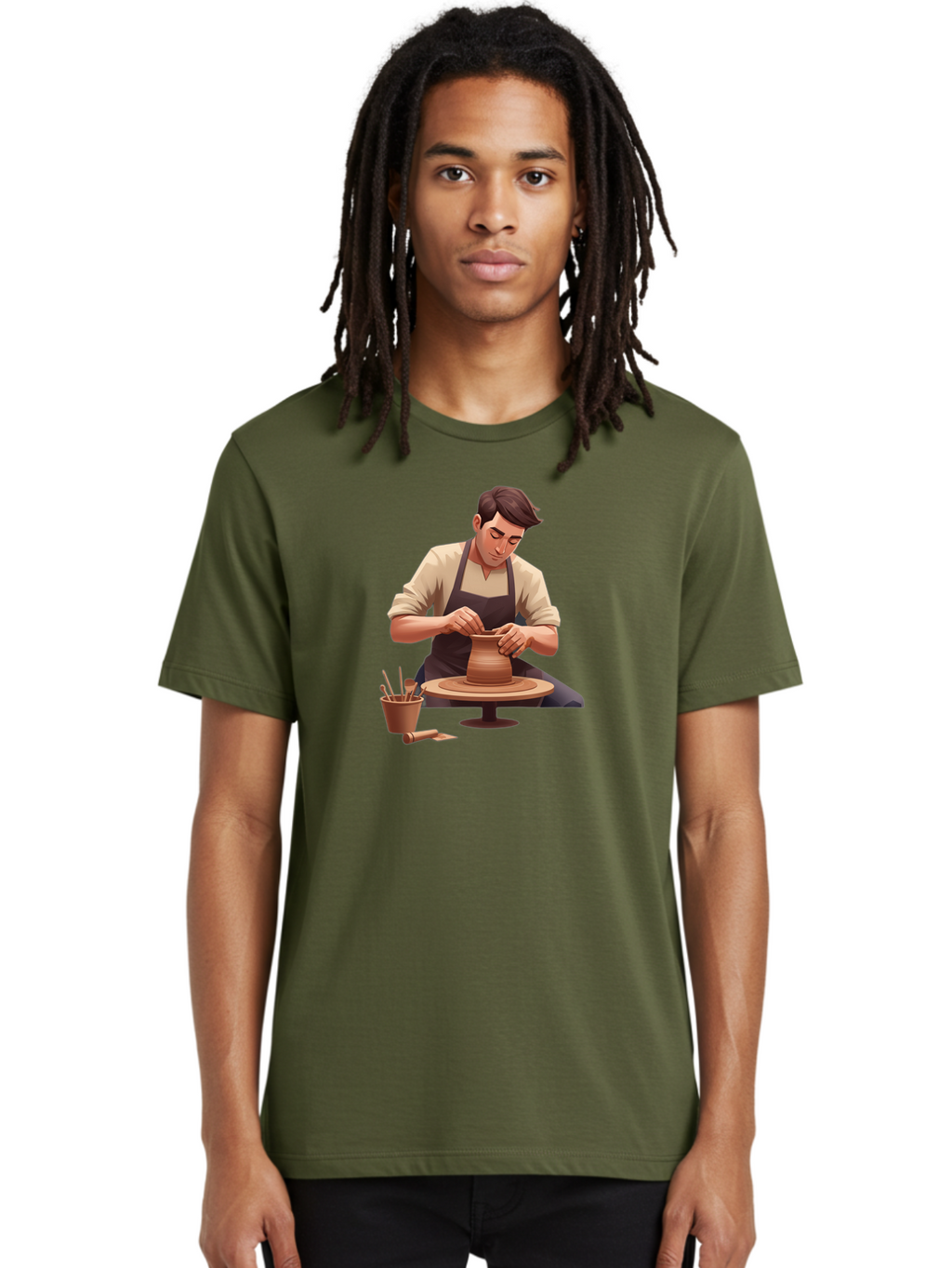 Potter-At-Work Men'S Graphic Tee, 100% Cotton, Comfortable Casual Summer Wear, Machine Washable, Potter Shaping Clay, Pottery Wheel, Creative Process, Craftsmanship, Handmade Ceramics, Artisanal Pottery, Clay Modeling, Pottery Tools Bab229