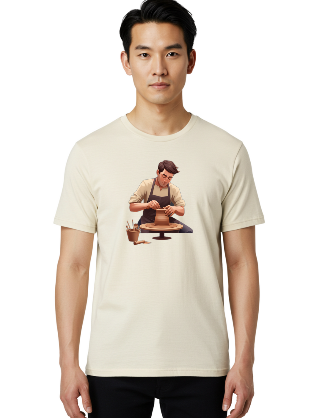 Potter-At-Work Men'S Graphic Tee, 100% Cotton, Comfortable Casual Summer Wear, Machine Washable, Potter Shaping Clay, Pottery Wheel, Creative Process, Craftsmanship, Handmade Ceramics, Artisanal Pottery, Clay Modeling, Pottery Tools Bab229