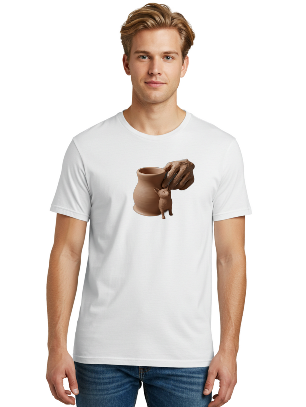 Potter-S-Hand Men'S Graphic Tee, 100% Cotton, Comfortable Casual Summer Wear, Machine Washable, Clay Pottery, Handmade Ceramics, Pottery Wheel, Earthenware, Clay Modeling, Sculpting, Creative Expression, Artistic Process, Pottery Art, Bab230