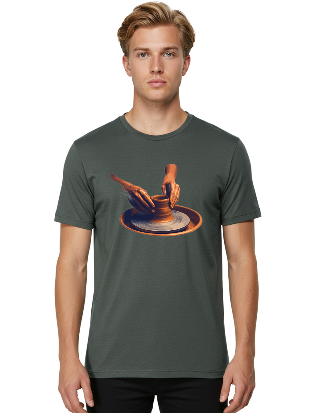 Potter-S-Hands Men'S Graphic Tee, 100% Cotton, Comfortable Casual Summer Wear, Machine Washable, Pottery Wheel, Clay Pot, Crafting, Hands Shaping, Creative Process, Artisanal, Handmade, Pottery Making, Ceramics, Skilled Craftsmanship Bab231
