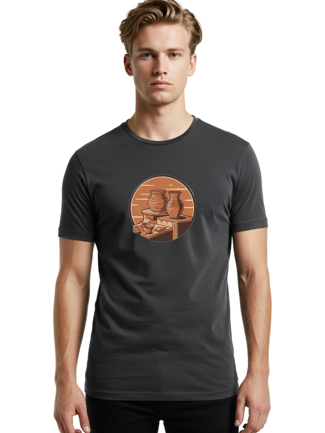 Potter-S-Wheel-3 Men'S Graphic Tee, 100% Cotton, Comfortable Casual Summer Wear, Machine Washable, Pottery Worktable, Clay Pottery, Ceramics, Handmade Crafts, Potter'S Wheel, Artisan Work, Creative Process, Pottery Making, Artistic Expression, Bab234