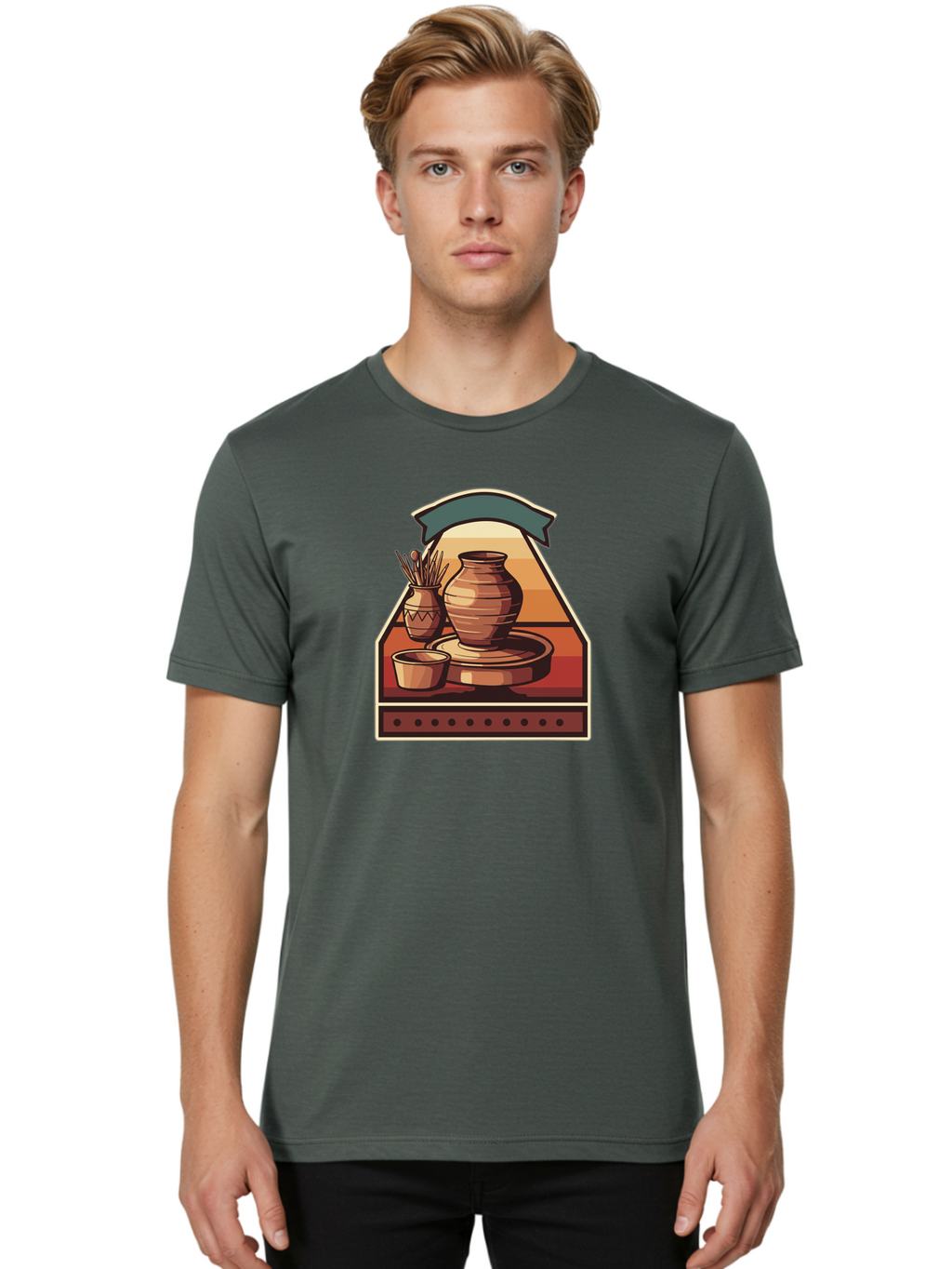 Potter-S-Wheel-4 Men'S Graphic Tee, 100% Cotton, Comfortable Casual Summer Wear, Machine Washable, Potter'S Wheel, Clay Pot, Ceramic Vase, Pottery Tools, Creative Workspace, Artistic Process, Handmade Crafts, Earthy Tones, Traditional Pottery Bab235