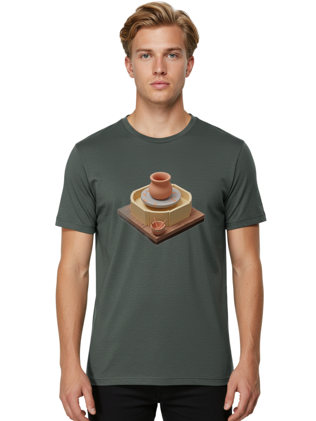 Potter-S-Wheel-7 Men'S Graphic Tee, 100% Cotton, Comfortable Casual Summer Wear, Machine Washable, Pottery Wheel, Clay Pot, Ceramics, Handmade, Artisanal, Creative Process, Pottery Tools, Wooden Base, 3D Rendering Bab238