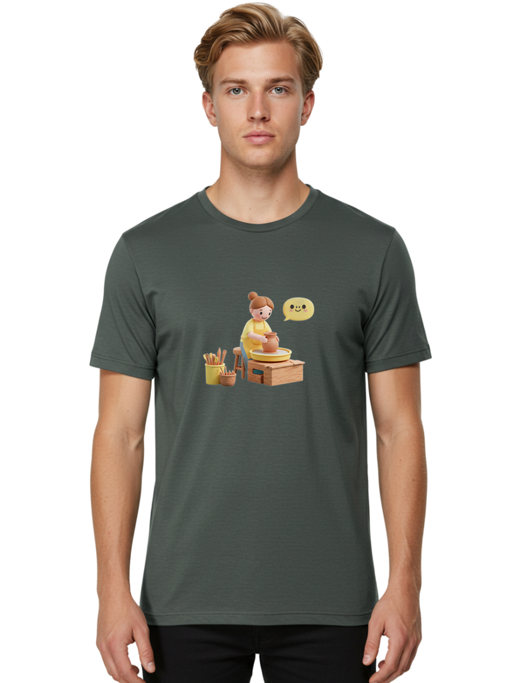 Potter Men'S Graphic Tee, 100% Cotton, Comfortable Casual Summer Wear, Machine Washable, Pottery Making, Ceramic Art, Potter'S Wheel, Creative Process, Pottery Tools, Craftsmanship, Clay Modeling, Happy Face, Creative Expression Bab241