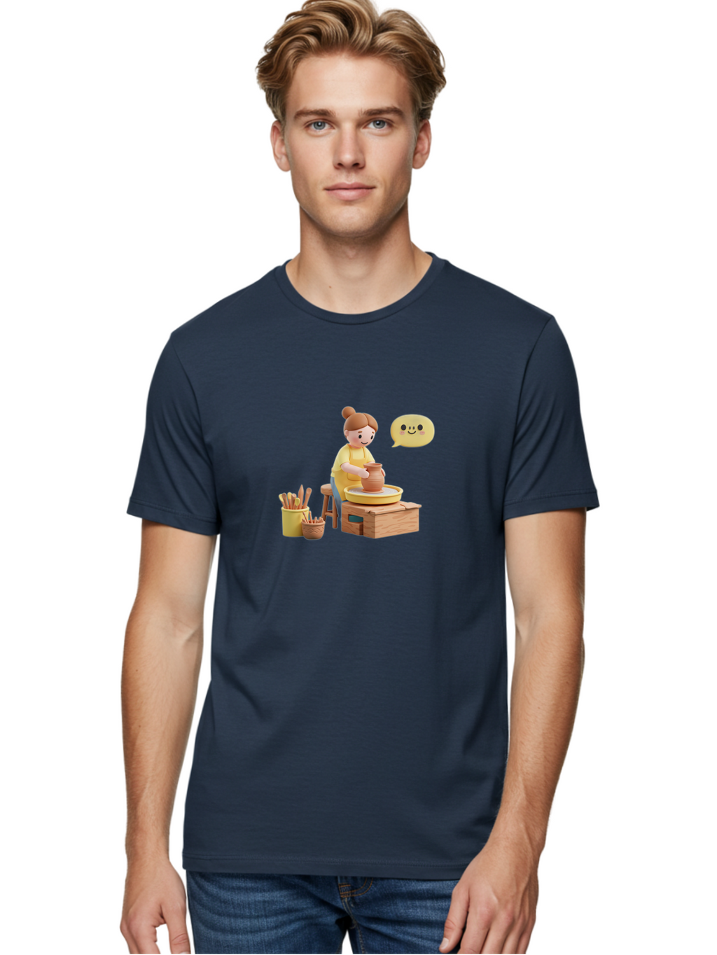 Potter Men'S Graphic Tee, 100% Cotton, Comfortable Casual Summer Wear, Machine Washable, Pottery Making, Ceramic Art, Potter'S Wheel, Creative Process, Pottery Tools, Craftsmanship, Clay Modeling, Happy Face, Creative Expression Bab241