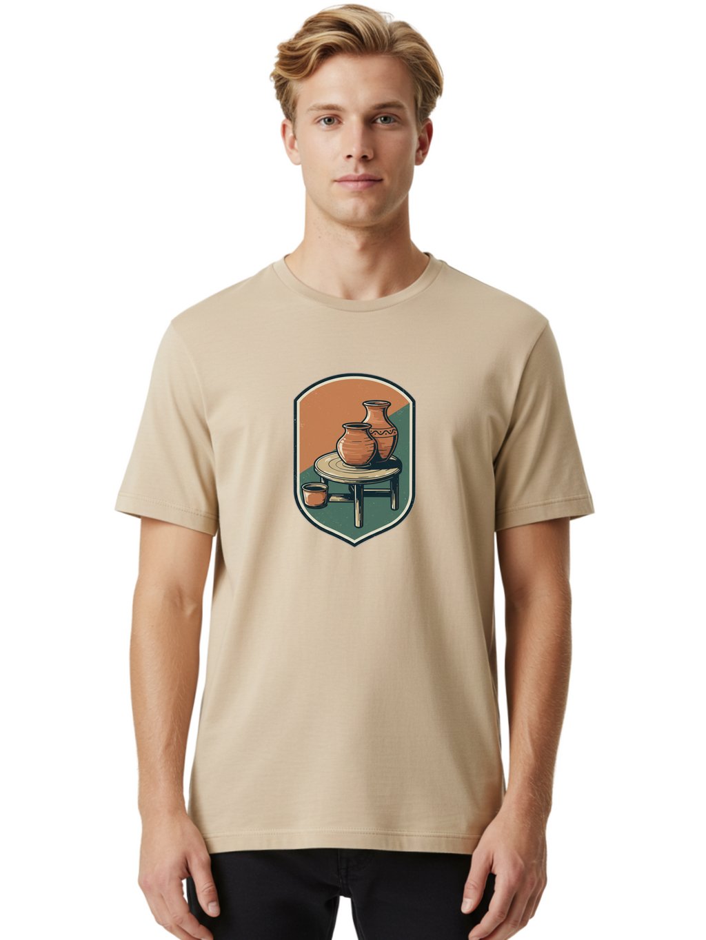 Pottery-On-Table Men'S Graphic Tee, 100% Cotton, Comfortable Casual Summer Wear, Machine Washable, Clay Pots, Earthy Tones, Ceramic Vases, Table Setting, Rustic Charm, Vintage Decor, Pottery, Traditional Craftsmanship, Handmade Ceramics Bab244