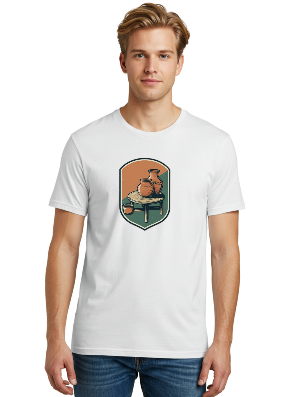 Pottery-On-Table Men'S Graphic Tee, 100% Cotton, Comfortable Casual Summer Wear, Machine Washable, Clay Pots, Earthy Tones, Ceramic Vases, Table Setting, Rustic Charm, Vintage Decor, Pottery, Traditional Craftsmanship, Handmade Ceramics Bab244