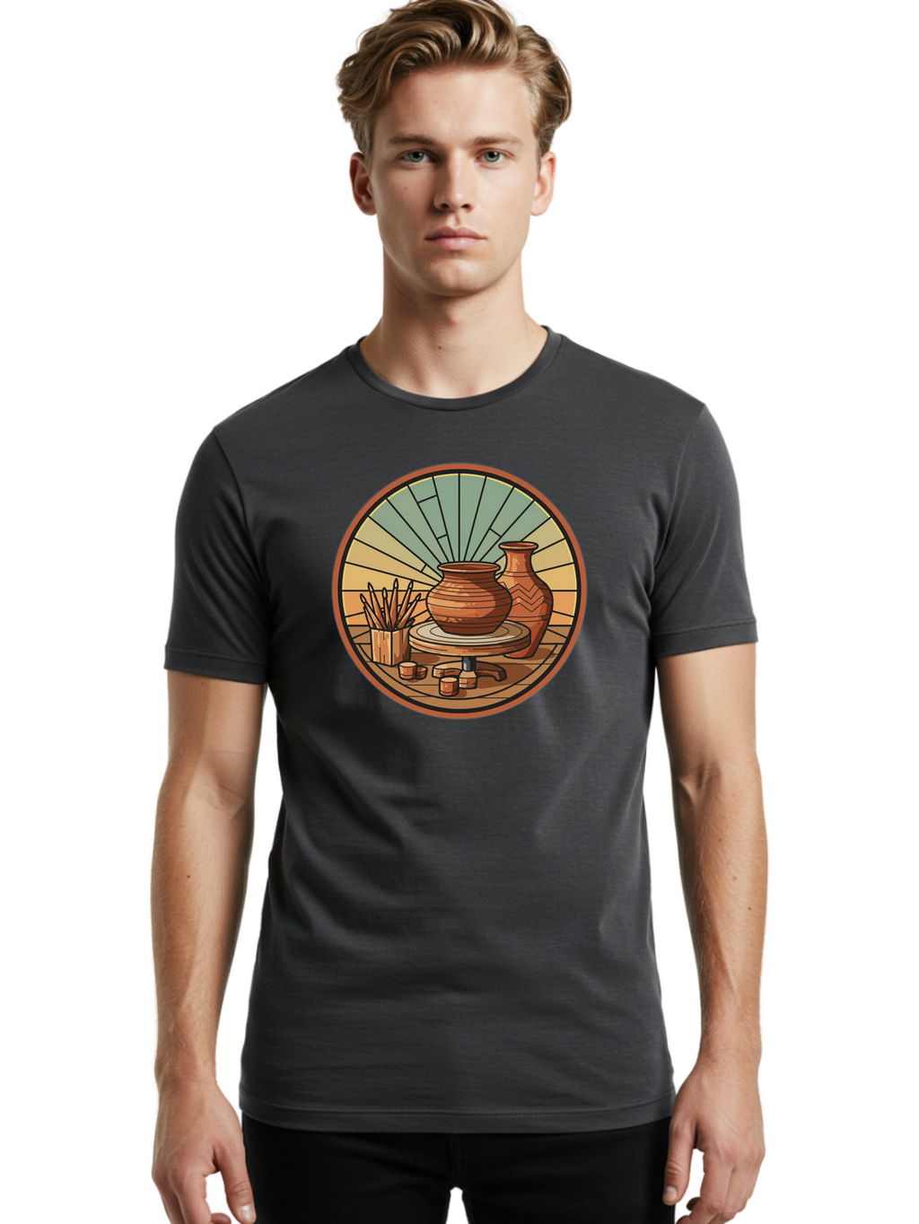 Pottery-Wheel-Illustration Men'S Graphic Tee, 100% Cotton, Comfortable Casual Summer Wear, Machine Washable, Clay Pot On Pottery Wheel, Ceramic Art, Handmade Pottery, Pottery Tools, Clay Vase, Decorative Ceramics, Artisanal Craftsmanship, Bab254