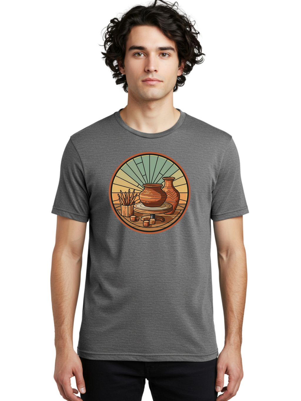Pottery-Wheel-Illustration Men'S Graphic Tee, 100% Cotton, Comfortable Casual Summer Wear, Machine Washable, Clay Pot On Pottery Wheel, Ceramic Art, Handmade Pottery, Pottery Tools, Clay Vase, Decorative Ceramics, Artisanal Craftsmanship, Bab254