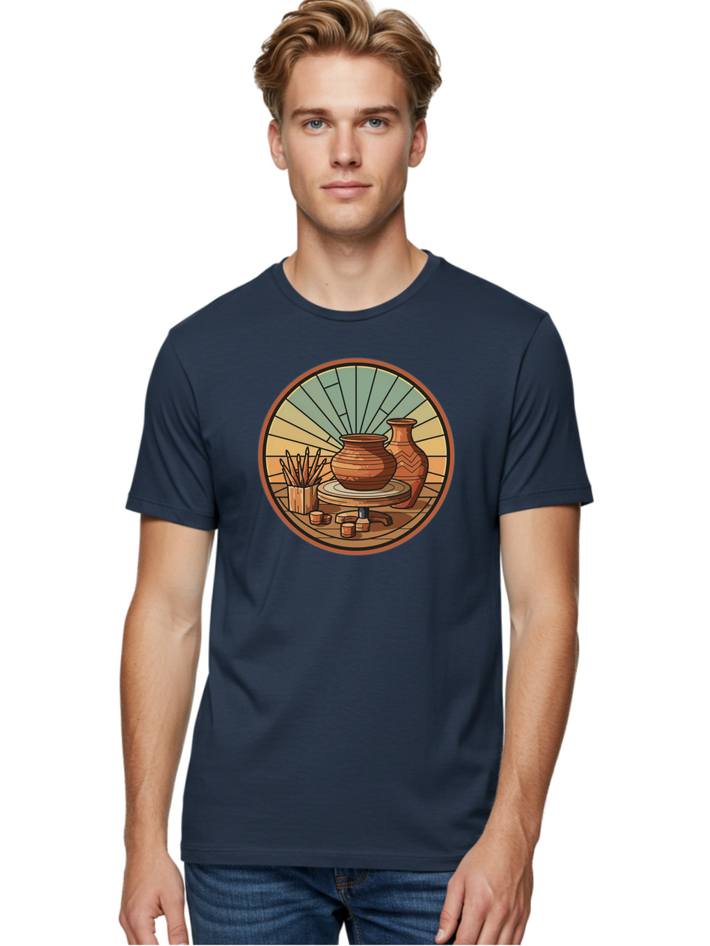 Pottery-Wheel-Illustration Men'S Graphic Tee, 100% Cotton, Comfortable Casual Summer Wear, Machine Washable, Clay Pot On Pottery Wheel, Ceramic Art, Handmade Pottery, Pottery Tools, Clay Vase, Decorative Ceramics, Artisanal Craftsmanship, Bab254