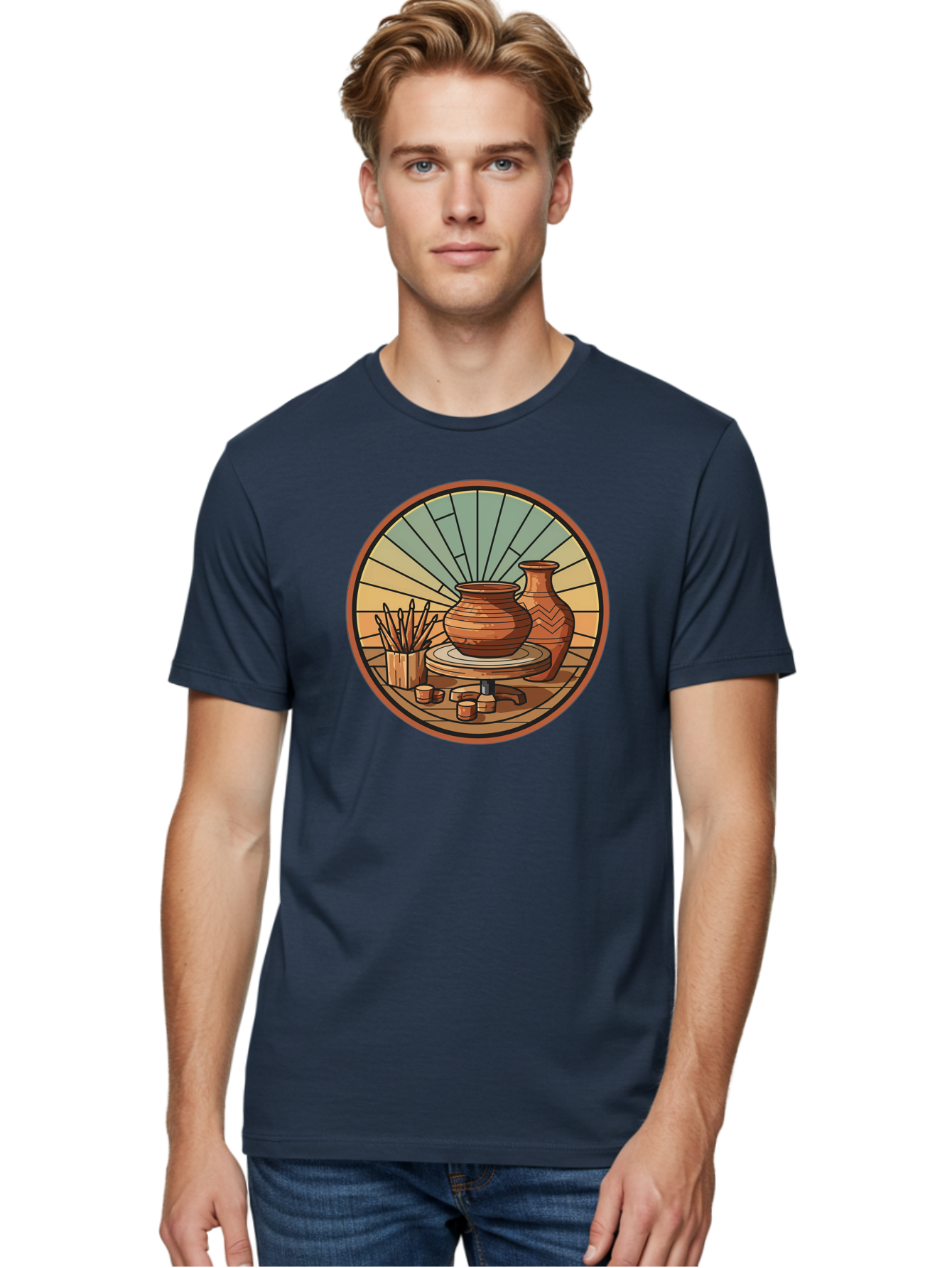 Pottery-Wheel-Illustration Men'S Graphic Tee, 100% Cotton, Comfortable Casual Summer Wear, Machine Washable, Clay Pot On Pottery Wheel, Ceramic Art, Handmade Pottery, Pottery Tools, Clay Vase, Decorative Ceramics, Artisanal Craftsmanship, Bab254