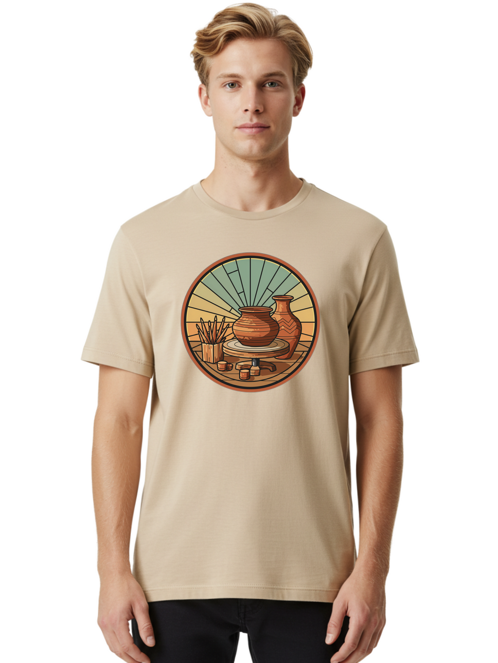 Pottery-Wheel-Illustration Men'S Graphic Tee, 100% Cotton, Comfortable Casual Summer Wear, Machine Washable, Clay Pot On Pottery Wheel, Ceramic Art, Handmade Pottery, Pottery Tools, Clay Vase, Decorative Ceramics, Artisanal Craftsmanship, Bab254