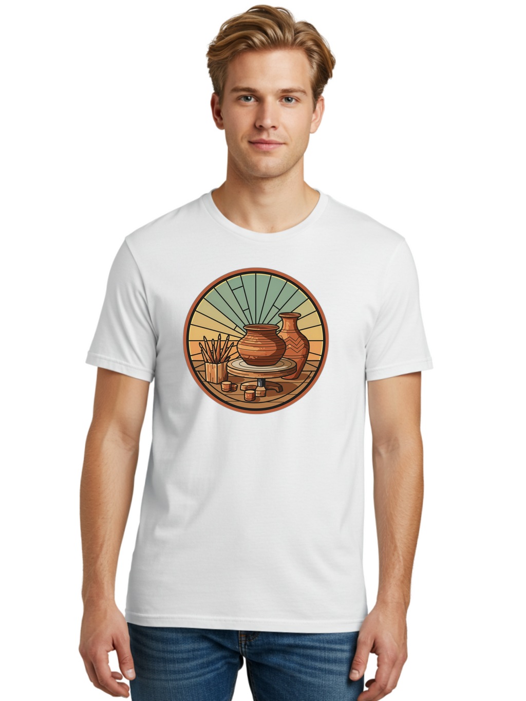 Pottery-Wheel-Illustration Men'S Graphic Tee, 100% Cotton, Comfortable Casual Summer Wear, Machine Washable, Clay Pot On Pottery Wheel, Ceramic Art, Handmade Pottery, Pottery Tools, Clay Vase, Decorative Ceramics, Artisanal Craftsmanship, Bab254