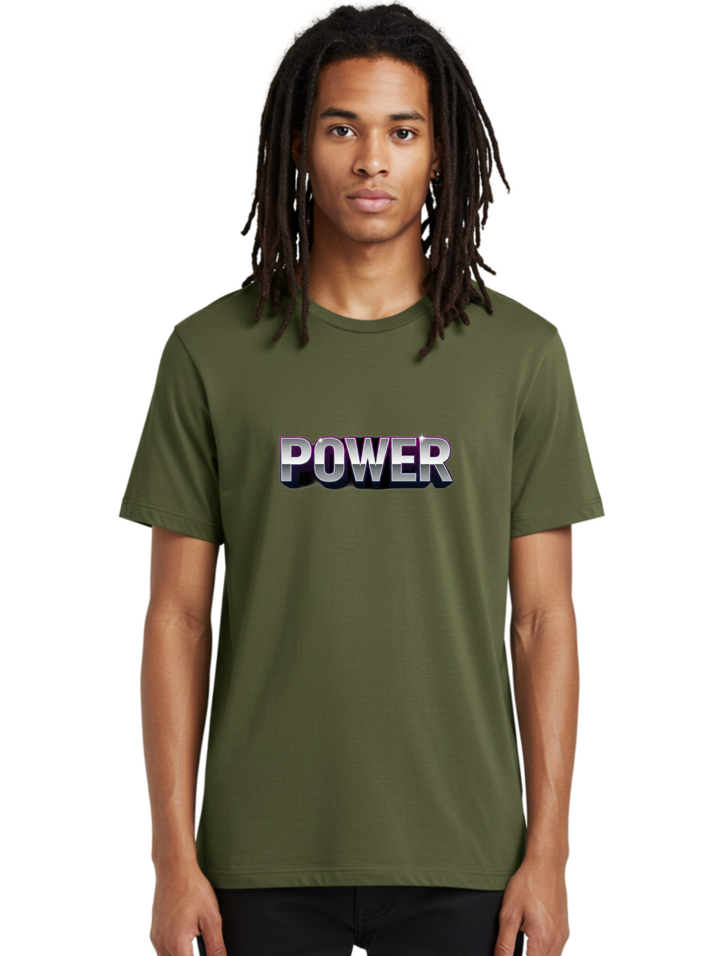 Power Men'S Graphic Tee, 100% Cotton, Comfortable Casual Summer Wear, Machine Washable, Power, Strength, Energy, Bold Font, Silver Text, 3D Effect, Chrome Finish, Motivational, Empowerment, Energy Boost Bab257