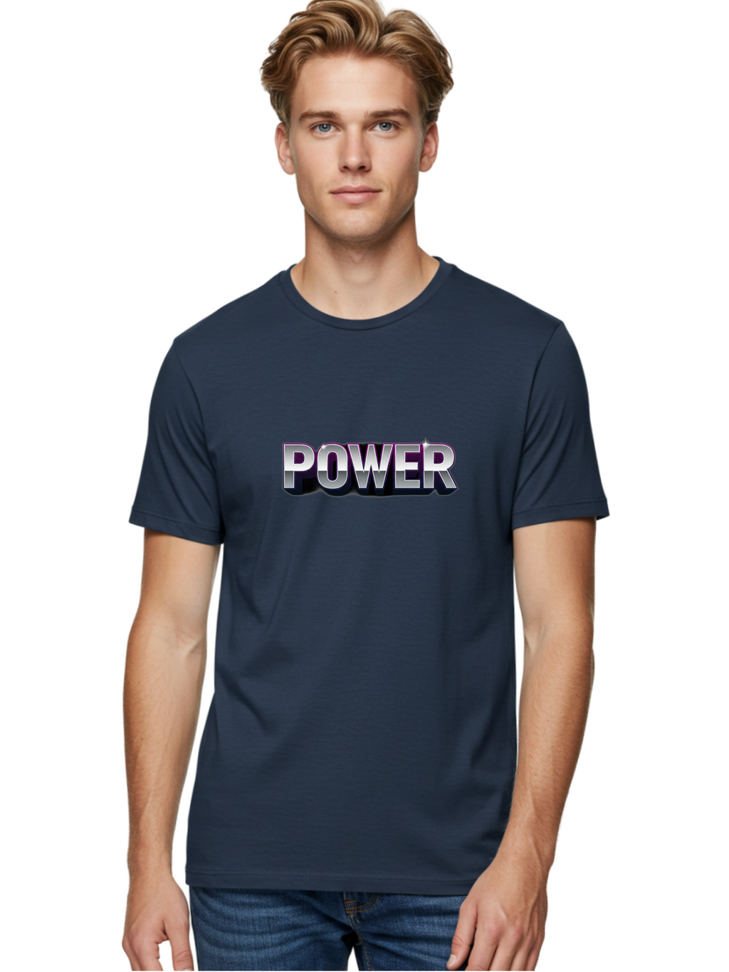 Power Men'S Graphic Tee, 100% Cotton, Comfortable Casual Summer Wear, Machine Washable, Power, Strength, Energy, Bold Font, Silver Text, 3D Effect, Chrome Finish, Motivational, Empowerment, Energy Boost Bab257