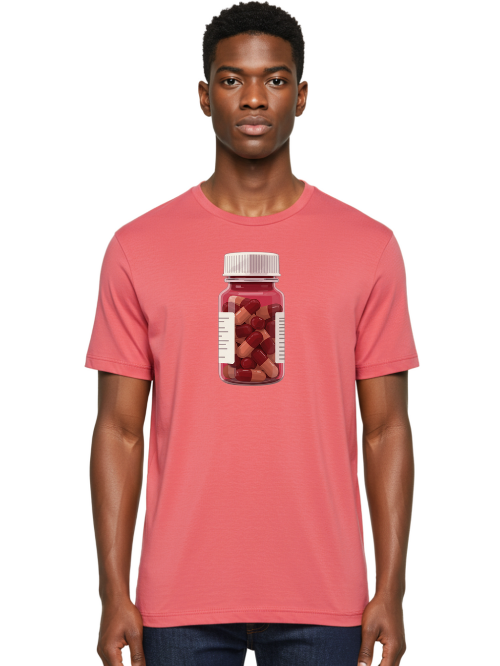 Prescription-Bottle Men'S Graphic Tee, 100% Cotton, Comfortable Casual Summer Wear, Machine Washable, Prescription Medication, Pharmaceuticals, Pill Bottle, Red And Beige Capsules, Medicine Container, Healthcare Supplements, Dietary Pills Bab258